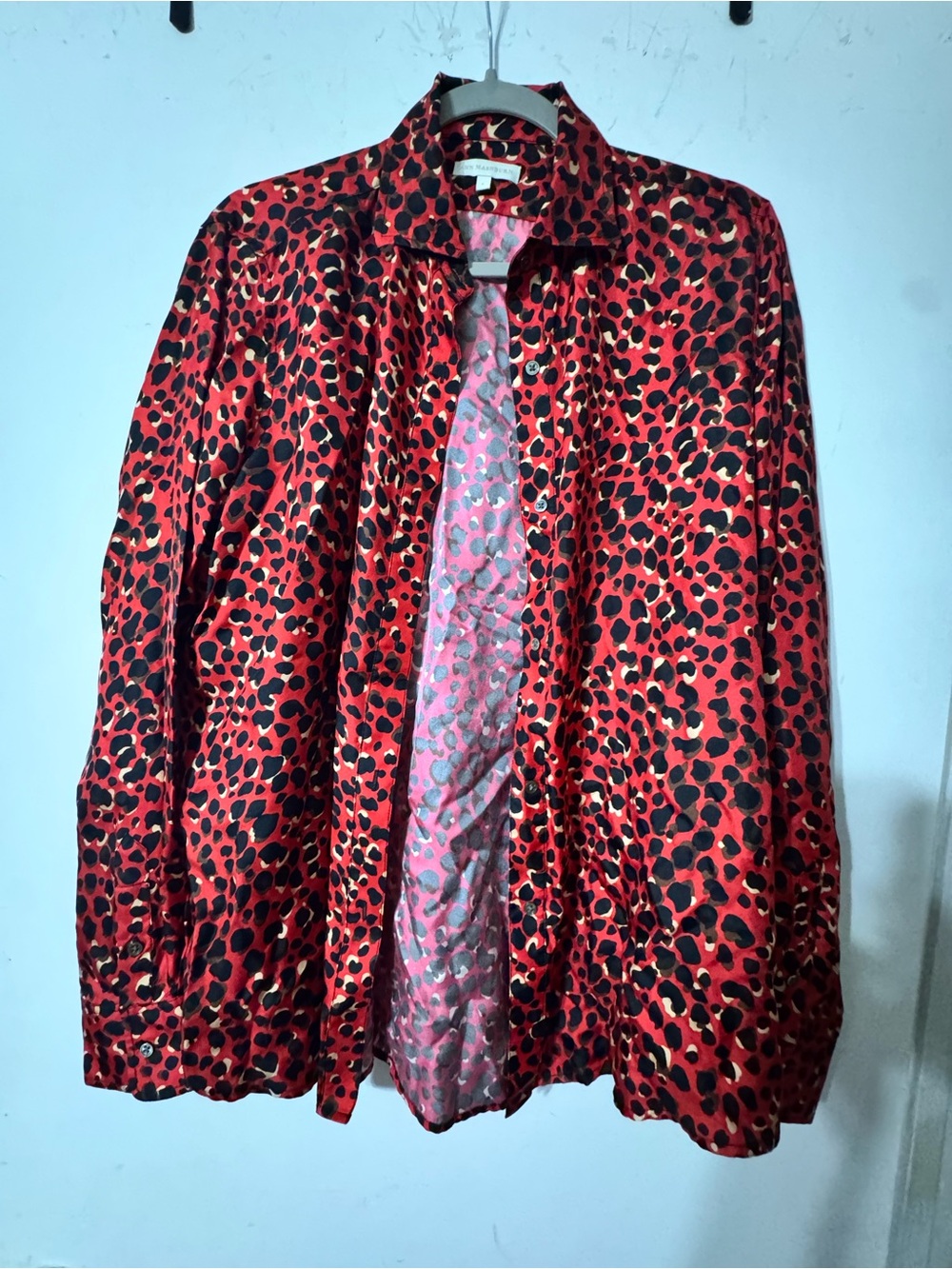 ANN MASHBURN Red and Black Leopard Print Button Down